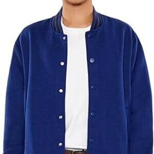 Forever Dark Navy Varsity-Striped Fleece Bomber Jacket SZ M